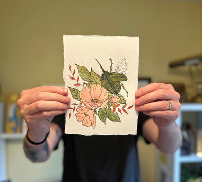 Beetle & Blooms, original painting